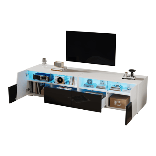 Móvel de TV 180x38,5x45 cm - LED, 2 gavetas e 2 portas, para TV de 80 - BrancoPreto