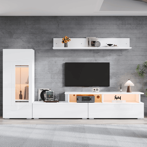 Conjunto de móveis para TV de 3 peças - LED, alto brilho, para sala de estar, TV até 75 - Branco
