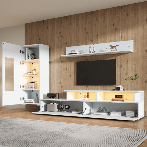 Conjunto de móveis para TV de 3 peças - LED, alto brilho, para sala de estar, TV até 75 - Branco