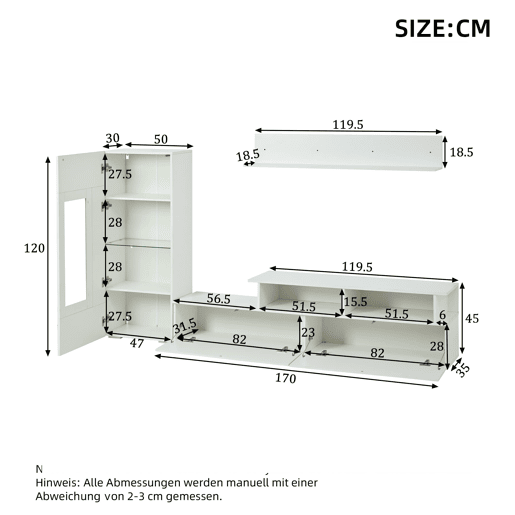 Conjunto de móveis para TV de 3 peças - LED, alto brilho, para sala de estar, TV até 75 - Branco