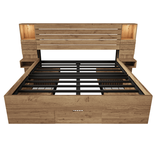 Cama de casal 180x200 cm - LED, USB, mesas de cabeceira suspensas, arrumação debaixo da cama - Carvalho