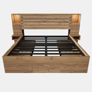 Cama de casal 180x200 cm - LED, USB, mesas de cabeceira suspensas, arrumação debaixo da cama - Carvalho