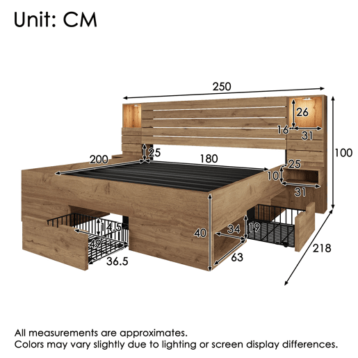 Cama de casal 180x200 cm - LED, USB, mesas de cabeceira suspensas, arrumação debaixo da cama - Carvalho