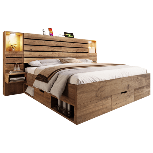Cama de casal 180x200 cm - LED, USB, mesas de cabeceira suspensas, arrumação debaixo da cama - Carvalho