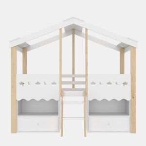 Cama semi-alta 90x200 cm - Casa, 2 gavetas, luz LED, sem colchão - Branco + Natural