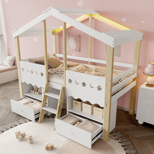 Cama semi-alta 90x200 cm - Casa, 2 gavetas, luz LED, sem colchão - Branco + Natural