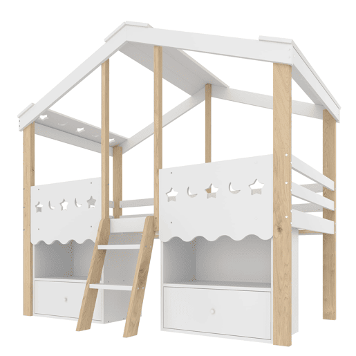 Cama semi-alta 90x200 cm - Casa, 2 gavetas, luz LED, sem colchão - Branco + Natural