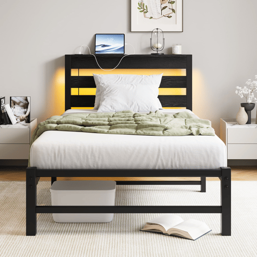 Cama individual 90x200 - LED, USB, arrumação debaixo da cama - Preto