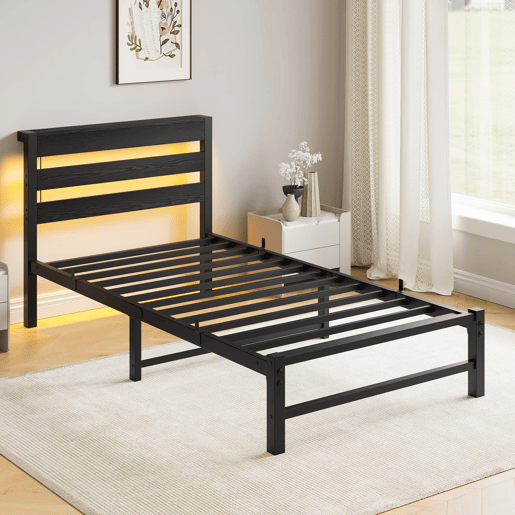 Cama individual 90x200 - LED, USB, arrumação debaixo da cama - Preto