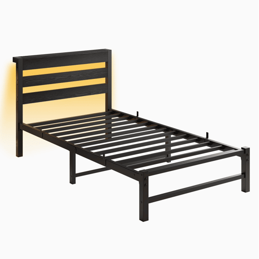 Cama individual 90x200 - LED, USB, arrumação debaixo da cama - Preto