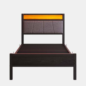 Cama 90x200cm - Estrutura com luzes LED, cabeceira com USB, lâminas metálicas, silenciosa - Preto