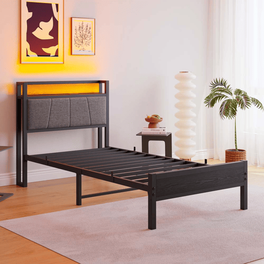 Cama 90x200cm - Estrutura com luzes LED, cabeceira com USB, lâminas metálicas, silenciosa - Preto