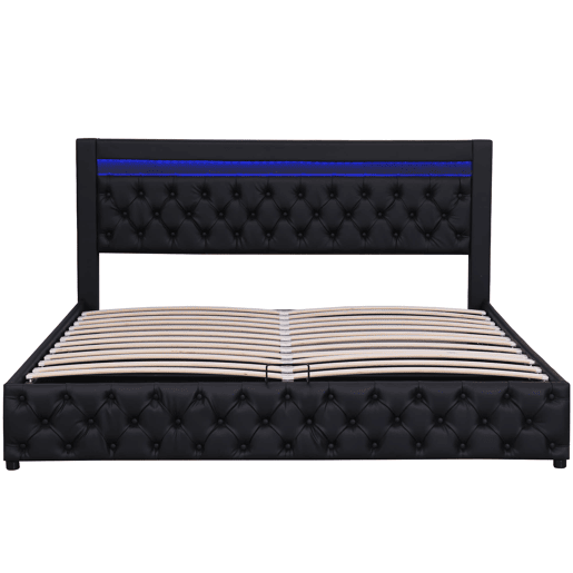 Cama estofada 140x190 cm - com armazenamento hidráulico e LED - preto