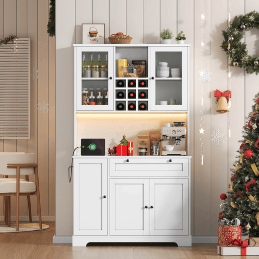 Armário alto de cozinha 180x105x40 cm - com prateleira para especiarias, LED e tomada - Branco