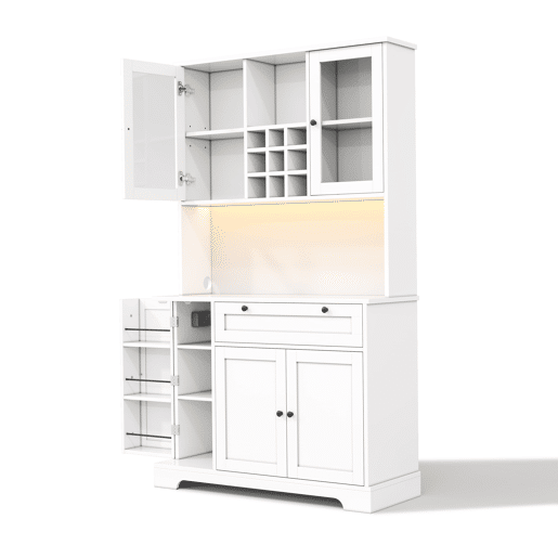 Armário alto de cozinha 180x105x40 cm - com prateleira para especiarias, LED e tomada - Branco
