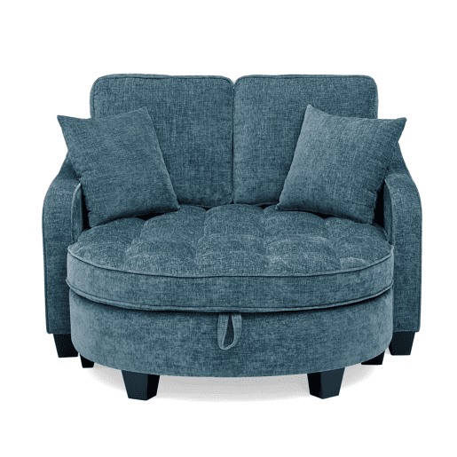 Sofá multifuncional 2 em 1 - Sofá-cama, Pufe com espaço de arrumação, Tecido respirável, Madeira de eucalipto, Azul Sofá multifuncional 2 em 1 - Sofá-cama, Pufe com espaço de arrumação, Tecido respirável, Madeira de eucalipto, Azul
