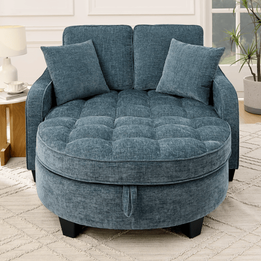 Sofá multifuncional 2 em 1 - Sofá-cama, Pufe com espaço de arrumação, Tecido respirável, Madeira de eucalipto, Azul Sofá multifuncional 2 em 1 - Sofá-cama, Pufe com espaço de arrumação, Tecido respirável, Madeira de eucalipto, Azul