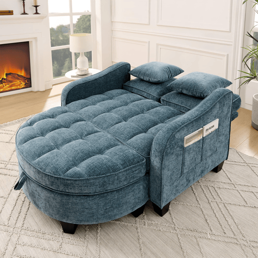 Sofá multifuncional 2 em 1 - Sofá-cama, Pufe com espaço de arrumação, Tecido respirável, Madeira de eucalipto, Azul Sofá multifuncional 2 em 1 - Sofá-cama, Pufe com espaço de arrumação, Tecido respirável, Madeira de eucalipto, Azul