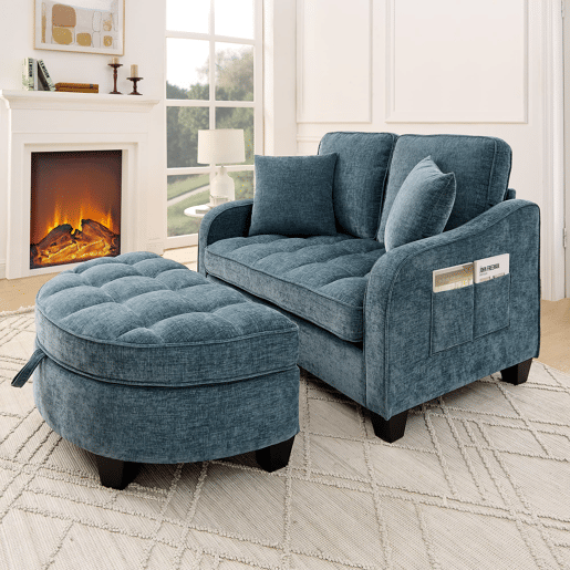 Sofá multifuncional 2 em 1 - Sofá-cama, Pufe com espaço de arrumação, Tecido respirável, Madeira de eucalipto, Azul Sofá multifuncional 2 em 1 - Sofá-cama, Pufe com espaço de arrumação, Tecido respirável, Madeira de eucalipto, Azul