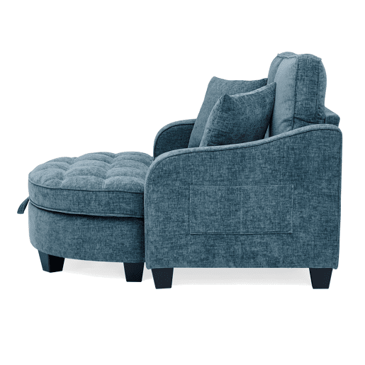 Sofá multifuncional 2 em 1 - Sofá-cama, Pufe com espaço de arrumação, Tecido respirável, Madeira de eucalipto, Azul Sofá multifuncional 2 em 1 - Sofá-cama, Pufe com espaço de arrumação, Tecido respirável, Madeira de eucalipto, Azul