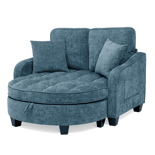 Sofá multifuncional 2 em 1 - Sofá-cama, Pufe com espaço de arrumação, Tecido respirável, Madeira de eucalipto, Azul Sofá multifuncional 2 em 1 - Sofá-cama, Pufe com espaço de arrumação, Tecido respirável, Madeira de eucalipto, Azul