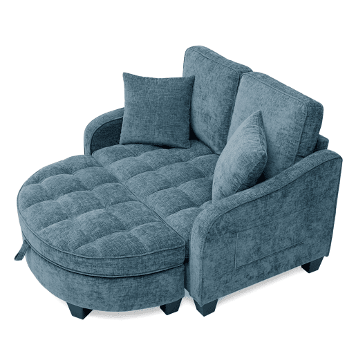 Sofá multifuncional 2 em 1 - Sofá-cama, Pufe com espaço de arrumação, Tecido respirável, Madeira de eucalipto, Azul Sofá multifuncional 2 em 1 - Sofá-cama, Pufe com espaço de arrumação, Tecido respirável, Madeira de eucalipto, Azul