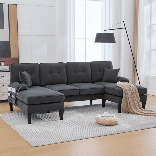 Sofá em U para 4 pessoas - Linho macio, chaise longues duplas, almofadas decorativas - Cinza escuro