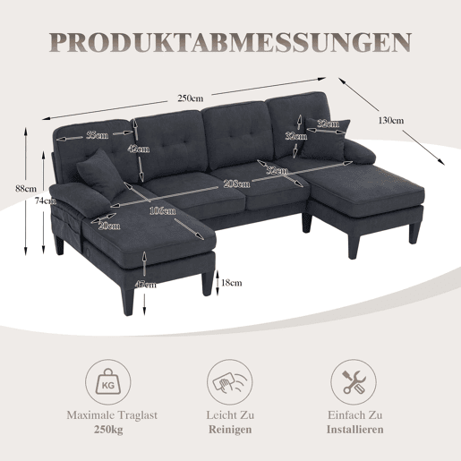 Sofá em U para 4 pessoas - Linho macio, chaise longues duplas, almofadas decorativas - Cinza escuro