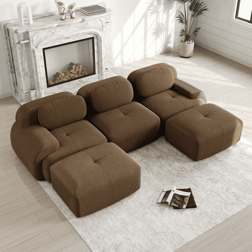 Sofá modular de 3 lugares - Veludo cotelê premium, rústico e antiderrapante, braços extra largos - Castanho