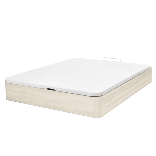 Cama box 150x190 cm, base estofada em cetim branco ártico, tecido 3D, 2 dobradiças hidráulicas, reforços em aço, interior em MDF de 28 cm.