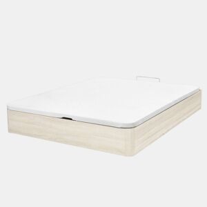 Cama box 150x190 cm, base estofada em cetim branco ártico, tecido 3D, 2 dobradiças hidráulicas, reforços em aço, interior em MDF de 28 cm.