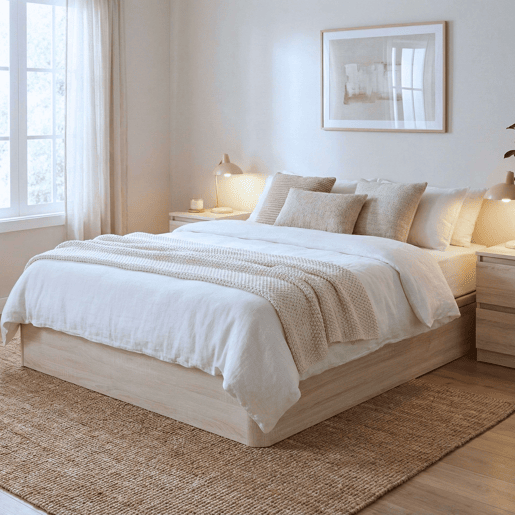 Cama box 150x190 cm, base estofada em cetim branco ártico, tecido 3D, 2 dobradiças hidráulicas, reforços em aço, interior em MDF de 28 cm.