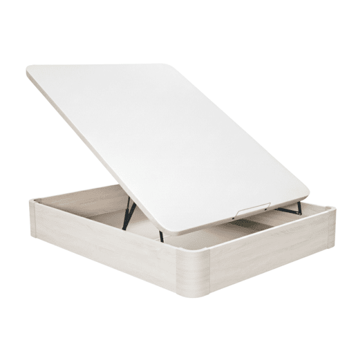 Cama box 150x190 cm, base estofada em cetim branco ártico, tecido 3D, 2 dobradiças hidráulicas, reforços em aço, interior em MDF de 28 cm.