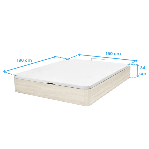 Cama box 150x190 cm, base estofada em cetim branco ártico, tecido 3D, 2 dobradiças hidráulicas, reforços em aço, interior em MDF de 28 cm.