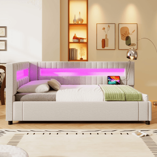 Sofá-cama 90x200 cm - LED com comando, armazenamento hidráulico, USB+TYPE-C - Bege