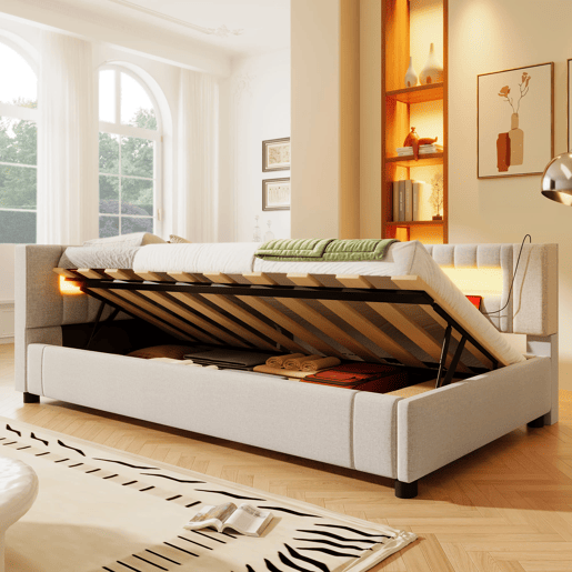 Sofá-cama 90x200 cm - LED com comando, armazenamento hidráulico, USB+TYPE-C - Bege