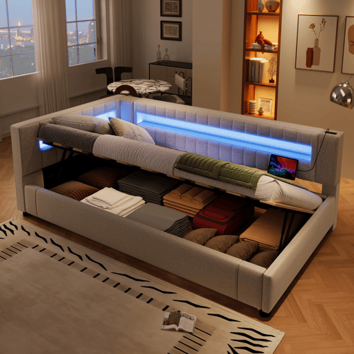 Sofá-cama 90x200 cm - LED com comando, armazenamento hidráulico, USB+TYPE-C - Bege