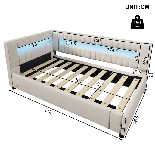 Sofá-cama 90x200 cm - LED com comando, armazenamento hidráulico, USB+TYPE-C - Bege