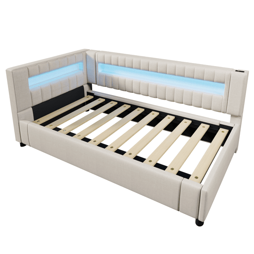 Sofá-cama 90x200 cm - LED com comando, armazenamento hidráulico, USB+TYPE-C - Bege