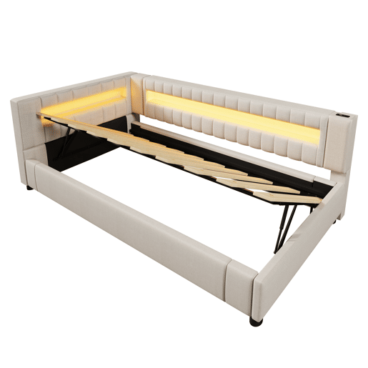 Sofá-cama 90x200 cm - LED com comando, armazenamento hidráulico, USB+TYPE-C - Bege