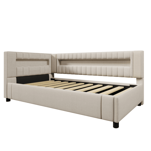 Sofá-cama 90x200 cm - LED com comando, armazenamento hidráulico, USB+TYPE-C - Bege