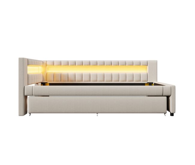 Daybett 90x200 cm - sofá cama con led, cama extraíble, usb/type-c - lino beige
