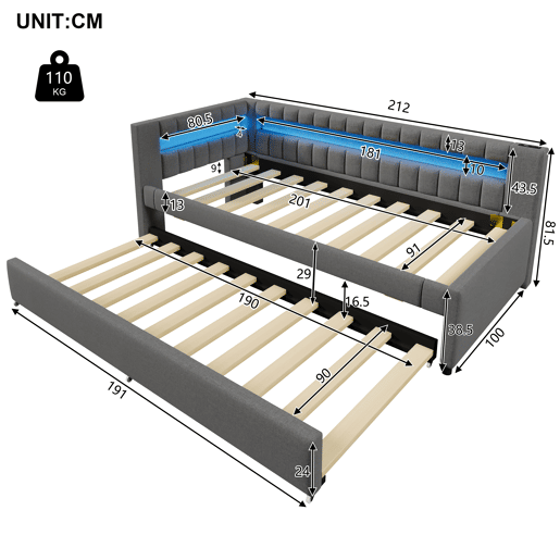 Sofá-cama 90x200 cm - LED com comando, cama extra, USB + TYPE-C, linho - cinzento Sofá-cama 90x200 cm - LED com comando, cama extra, USB + TYPE-C, linho - cinzento