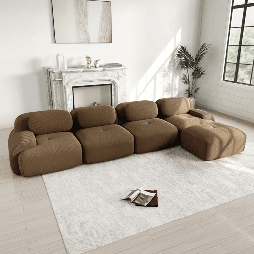 Sofá de canto para 4 pessoas - Chaise longue, acolchoado 32D, braços largos, antiderrapante - Castanho