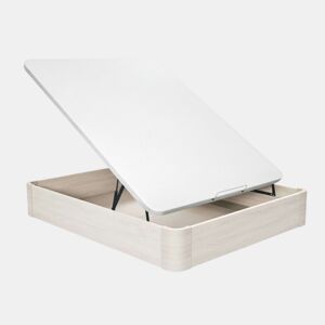 Cama box 90x190 cm, base estofada em melamina acetinada branca ártica, tecido 3D, 2 dobradiças hidráulicas, puxador de madeira, interior 28 cm