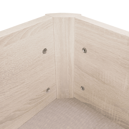 Cama box 90x190 cm, base estofada em melamina acetinada branca ártica, tecido 3D, 2 dobradiças hidráulicas, puxador de madeira, interior 28 cm