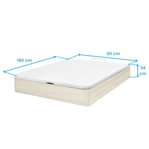 Cama box 90x190 cm, base estofada em melamina acetinada branca ártica, tecido 3D, 2 dobradiças hidráulicas, puxador de madeira, interior 28 cm