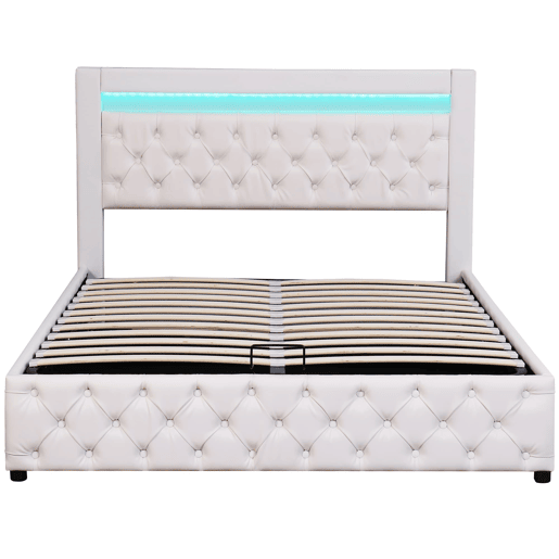 Cama estofada 140x190 cm - armazenamento hidráulico, estrado de ripas, LED, PU - Branco Cama estofada 140x190 cm - armazenamento hidráulico, estrado de ripas, LED, PU - Branco