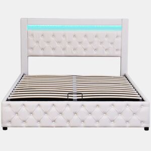 Cama estofada 140x190 cm - armazenamento hidráulico, estrado de ripas, LED, PU - Branco