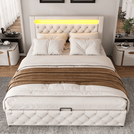 Cama estofada 140x190 cm - armazenamento hidráulico, estrado de ripas, LED, PU - Branco Cama estofada 140x190 cm - armazenamento hidráulico, estrado de ripas, LED, PU - Branco